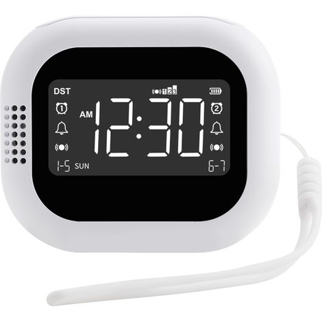 Réveil vibrant portable avec batterie 1800 mAh, double alarme, vibration à 3 niveaux, sécurité enfant, DST, pour dormeurs lourds, malentendants, blanc (1/5)
