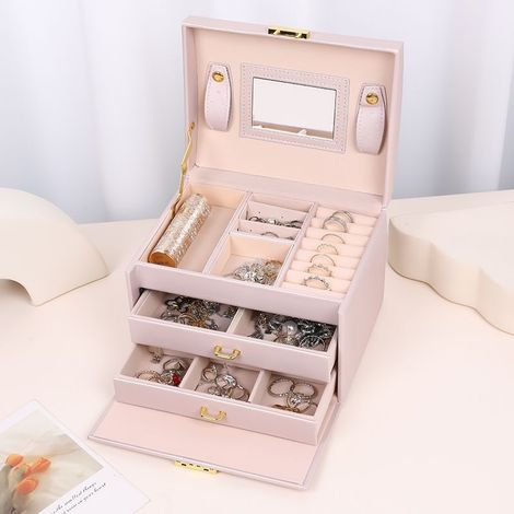 Boîte organisatrice rose 3 niveaux en simili cuir pour bijoux et cosmétiques, rangement pour colliers, boucles d'oreilles et bagues