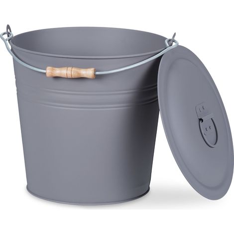 Relaxdays Secchio Raccoglicenere con Coperchio, 12 L, con Impugnatura, per Carbone e Cenere, Rotondo, Camino, Grigio