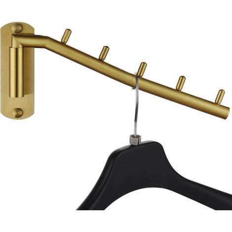 Appendiabiti pieghevole in acciaio inox con braccio girevole per appendere i vestiti, scaffale per riporre oggetti nell'armadio, finitura oro spazzolato, montaggio a parete. (1/5)