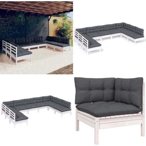 9-tlg. Garten-Lounge-Set mit Kissen Weiß Kiefer Massivholz - Gartenmöbel - Lounge Set - Kiefernholz - Outdoor Möbel - Gartensaison - Home & Living