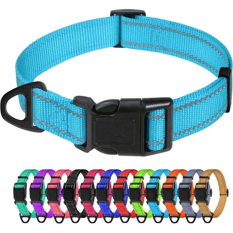 Collier classique en nylon réfléchissant, ajustable, avec boucle séparée pour attacher facilement la médaille et la laisse. Bleu, taille M (largeur 2,5 cm, tour de cou 35-45 cm). (1/5)