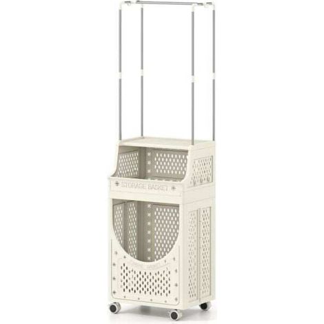 Pour petits espaces, rangement linge facile avec chariot de buanderie pliable, 3 niveaux, barre et 8 crochets (1/5)