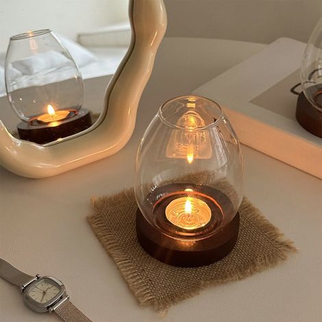Support À Bougie En Verre - Forme D'Œuf Avec Base En Bois - Pour Bougies Standard 2 À 3 Cm - Décoration Intérieure Scandinave - Lot De 1 (1/5)
