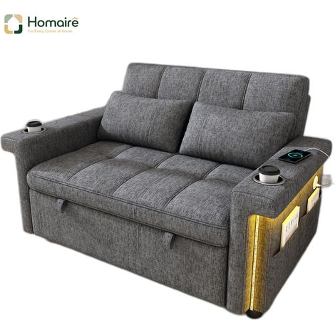 Canapé en velours gris avec accoudoirs et port USB 145 x 141,5 x 90 cm HOMAIRE (1/5)