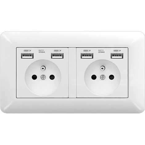 Double Prise Electrique Encastrée Type 146 avec 2 Ports USB  16A 250V Verre Trempé Blanc  Prise Murale Double