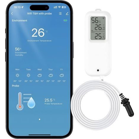 Thermomètre hygromètre WiFi - Capteur de température et d'humidité par application - Portée de 100 m - Compatible avec Alexa (WLAN-Version) (1/5)