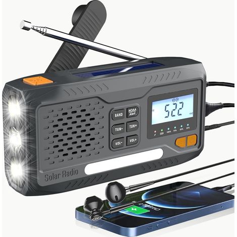 Rádio meteorológico de emergência, carregador de celular e lanterna adequado para uso ao ar livre/situações de sobrevivência. (1/5)