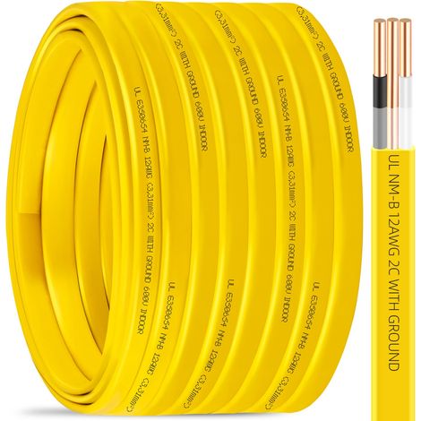 Fil électrique 12/2 avec terre, 30,5 m de calibre 12, 2 conducteurs, gaine en cuivre non métallique 12 AWG 12/2 avec câble de terre, câblage intérieur solide résidentiel pour interrupteur (1/5)