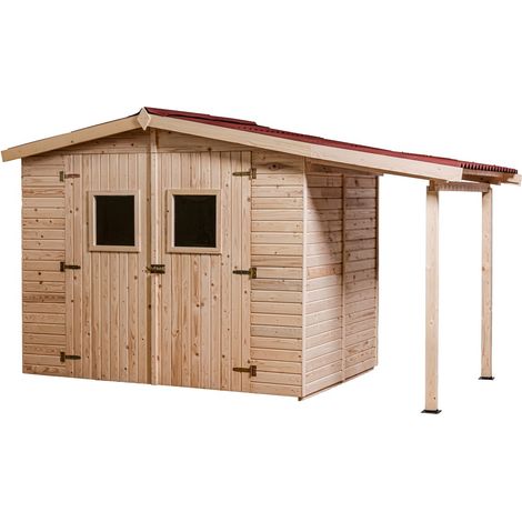 Habrita – Abri à bûches en épicéa massif 16 mm avec plancher 5,04 m² – Dimensions extérieures 2,70 x 1,87 m – Toit en plaques ondulées bitumées