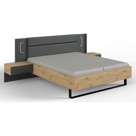 Lit adulte double King Size 180 x 200cm + 2 chevets coloris imitation chêne artisan/graphite - Longueur 301 x Profondeur 210 x Hauteur 104 cm -PEGANE-
