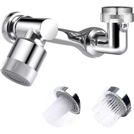 Rallonge de robinet pivotante à 1440°, support de robinet argenté avec deux positions de sortie d'eau, filtre haute densité pour évier de cuisine ou de salle de bain, compatibilité universelle (1/5)