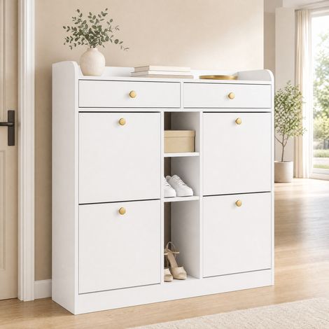 Schuhschrank 110/26/100 cm weiß mit 4 Klapptüren, 2 Schubladen und 3 offenen Fächern (1/5)