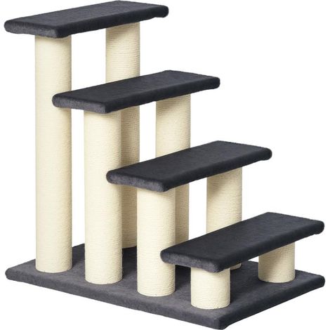 Escalier pour chat et chien gris 60x42x61 cm avec 4 marches en peluche et sisal, aide à la mobilité pour animaux design pratique
