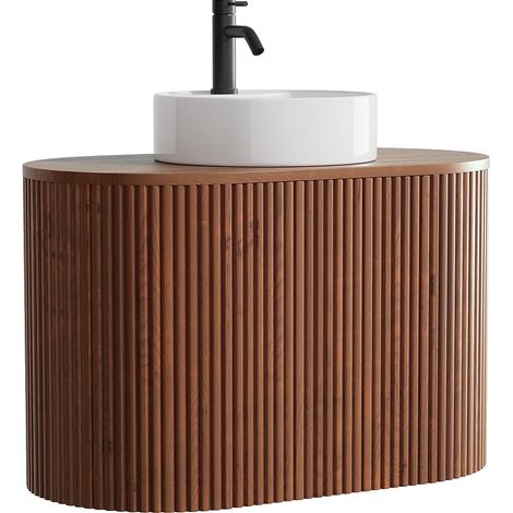 Mobile lavabo sospeso in teak con lavabo da appoggio rotondo e rubinetto Naturale scuro 90 cm - TOWARI (1/5)
