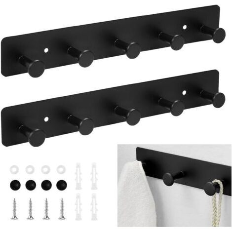 BUNTHAUS Lot de 2 crochets muraux adhésifs noirs pour vestes, 31,5 cm, crochets muraux pour cuisine, sans perçage, crochets pour vêtements, penderie, serviettes, chapeaux, foulards, sacs à main