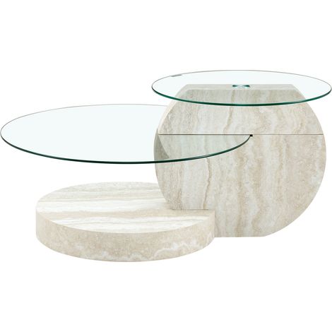 Moderner zweistufiger Couchtisch aus Sicherheitsglas und MDF in Walnussoptik (1/5)