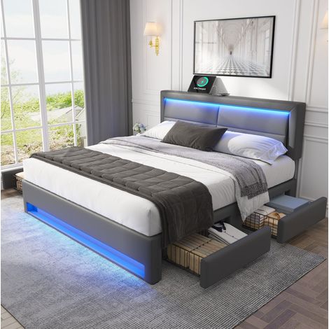 MEUBLIV Bett 140x200 cm grau – mit LED, USB und 4 Schubladen, ohne Matratze (1/5)