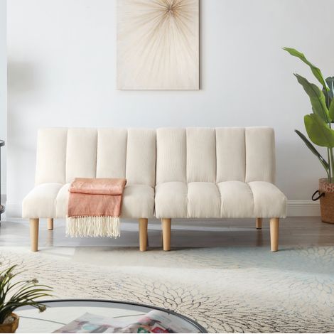 Sofá cama 2 plazas 167 cm beige, respaldo 3 posiciones, terciopelo acanalado MEUBLIV (1/5)