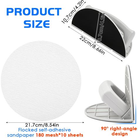 Cale a Poncer Angle,Ponceuse d'Angle pour Cloison Sèche avec 10 Feuilles de Papier de Verre Grain 180, Ponceuse Manuelle Demi-Circulaire pour le Ponçage des Murs (1/5)