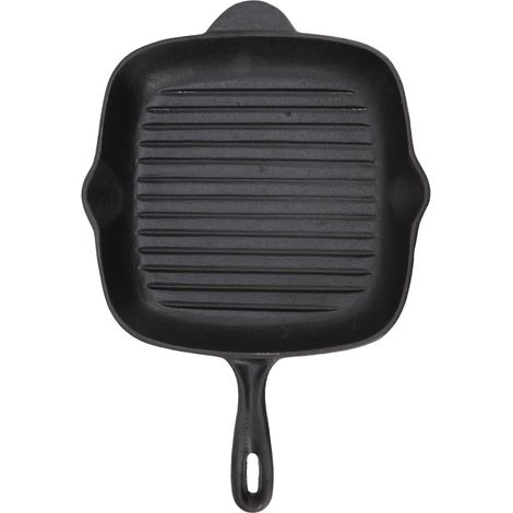 Große gusseiserne Grillpfanne mit doppeltem Auslass, quadratisch, für Steaks und Speck, ideal für Zuhause, Camping, Restaurants, 26 cm. (1/5)