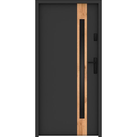 Porte d'entrée en acier pleine et inox H207 x L100 cm - verre fumé - anthracite et effet chêne - épaisseur 55 mm - poussant gauche - BRAGA
