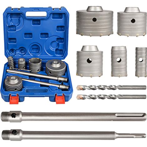 Kit de scie-cloche 9 pièces pour maçonnerie béton (30 40 65 80 100 mm) 300mm Carbure de Tungstène SDS Plus et SDS Max Bit Shank, Scie Cloche Set pour Béton, Brique, Ciment Carreaux (1/5)