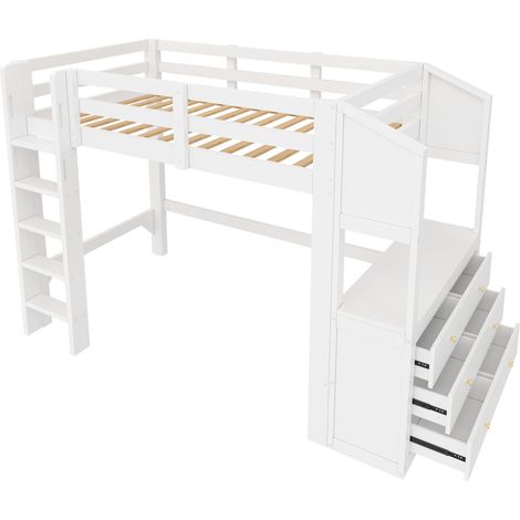 Cama alta 90 x 200 blanca con 3 cajones, estantes y luz LED (1/5)