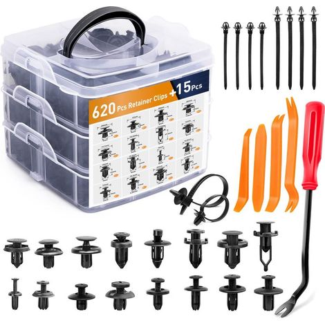 Assortiment de 635 clips et attaches de fixation pour voiture – Rivets en nylon de 16 tailles avec 10 serre-câbles et extracteurs d'attaches pour Toyota, GM, Ford, Honda, Acura, Chrysler