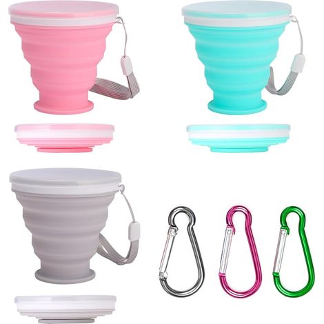 Lot de 3 Gobelet Pliable, Tasse Pliable en Silicone 200ml, Gobelet Retractable Réutilisable avec Couvercle & Boucle - pour Pique-nique/Campings/Randonnée en Plein Air/Voyage (1/5)