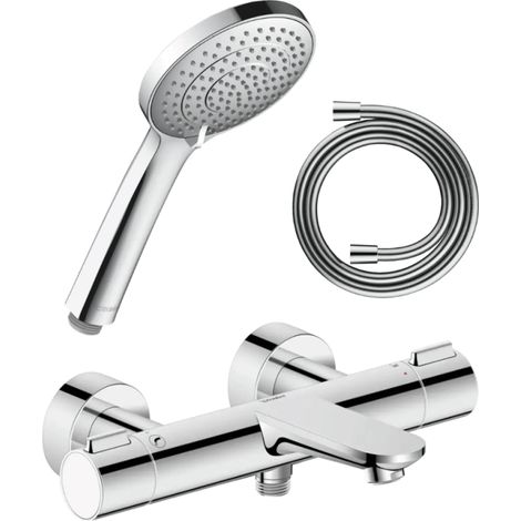 Conjunto de mezclador termostático para bañera/ducha DURAVIT Wave + cabezal de ducha universal 3 chorros + manguera de 160 cm en cromo pulido (1/5)