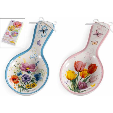 Repose-cuillère en céramique à décors floraux avec nœud, en coffret cadeau, lot de 8, 11,5 x H. 24,5 cm