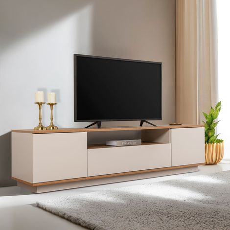 Meuble TV 180 cm avec 3 portes et 1 niche – Panneau de particule mélaminé – Beige et naturel – Charge max 20 kg (1/5)