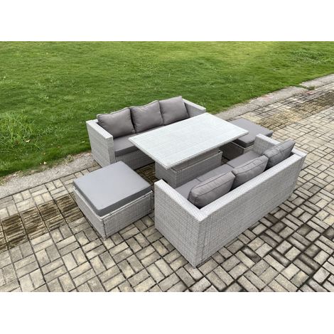 Fimous Outdoor PE Rattan Garden Funiture Set Height Adjustable Rising Lifting Table Sofa Dining Set with 2 Big Footstools (1/5)