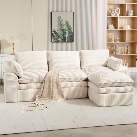 FloraGrace - Canape modulaire 3 places - 263 x 167 x 85 cm - velours cotele beige, pouf, coussins, poches laterales (1/5)