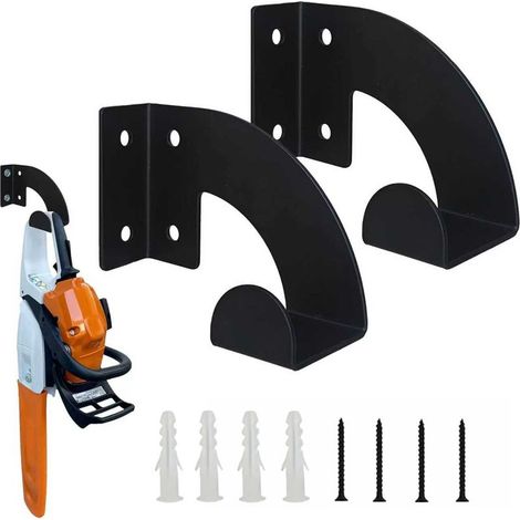 Lot de 2 supports muraux robustes pour tronçonneuse - Support mural pour tronçonneuse - Pour jardin, garage, atelier - Métal noir (1/4)