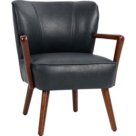 Fauteuil d'appoint en cuir régénéré noir avec accoudoirs, pieds en bois clair et assise rembourrée, style moderne pour salon, chambre ou coin lecture  CHICFURN (1/5)