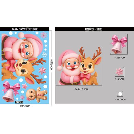 Autocollants décoratifs roses pour fenêtres, sapin de Noël, bonhomme de neige, autocollants pour fenêtres, cerf de Noël, flocons de neige, autocollants statiques