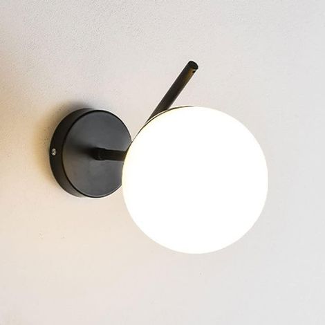 Applique murale globe blanche, applique murale à tube long en métal avec abat-jour boule de verre, applique murale de chevet, appliques murales design sphérique, luminaire E27, appliques murales simpl (1/5)