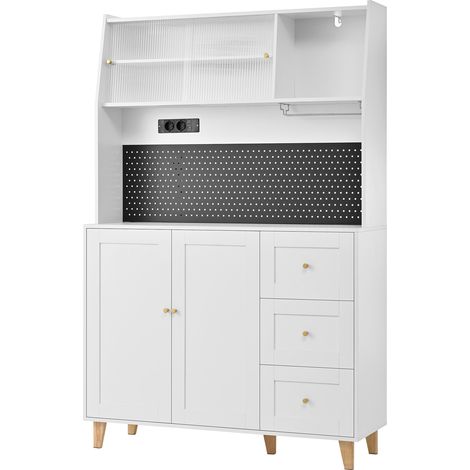 Armoire haute avec prises électriques et panneau perforé, meuble bar avec supports pour verres à vin et espace de rangement, buffet de cuisine avec tiroirs, idéal pour la cuisine et la salle à manger  (1/5)