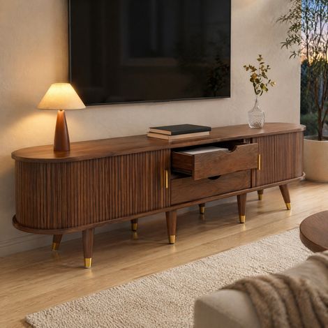 Meuble TV 175 cm avec porte coulissante en rotin, effet noyer, MDF, 60 kg, bois couleur DESVIAE (1/5)