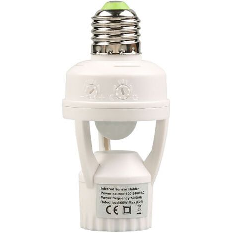 BUNTHAUS Douille E27 pour lampe à détecteur de mouvement infrarouge 100-240 V, temporisation de 10 à 300 secondes, portée de détection de 6 m, adaptateur pour douille (1/5)