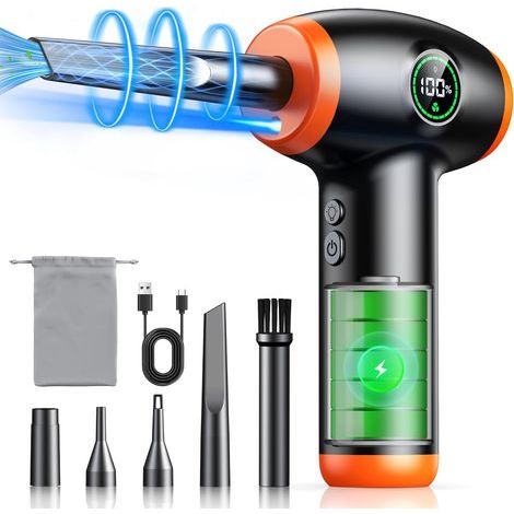 Soffiatore d'aria ISEYOU, mini spolverino con 3 velocità (90.000 giri/min) con batteria da 6.000 mAh, display a LED e 5 ugelli, ideale per la pulizia di computer, tastiere, auto e divani. (1/5)