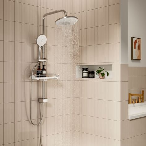 S'Afielina – Colonne de douche sans robinetterie – Système avec 3 modes de pulvérisation – Douchette et douche de tête – Étagère rétractable 28-44cm