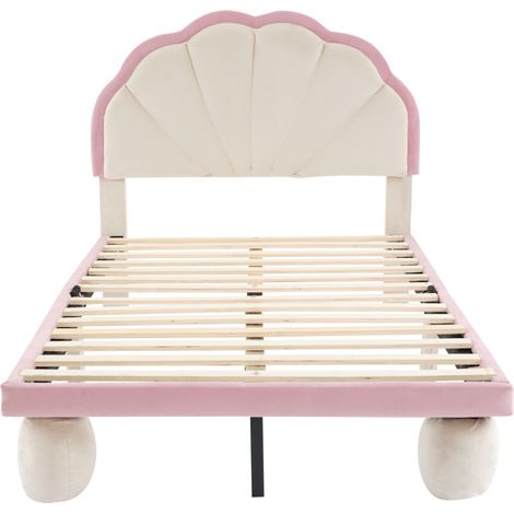Lit rembourré avec bandes lumineuses LED multicolores à motifs changeants, tête de lit à bord ondulé, pieds ronds rembourrés, lit enfant avec lattes en bois, lit simple, velours, beige+rose, 90x200cm (1/5)