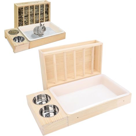 Rabbit Hay Feeder, Wooden Hay Holder with Litter Tray, 2 Bowls, Rabbit Feeder, Chinchillas, Hamsters, Small Animals, Stainless Steel, Anti-Mess (1/5)