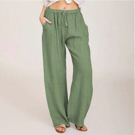 Pantalon femme lin été, coupe large palazzo, cordon ajustable, tenue décontractée maison, pantalon yoga fluide, ample confortable (1/4)