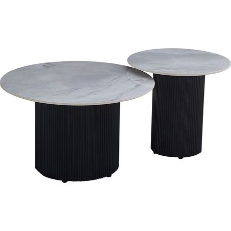 Tables Basses Gigognes POLPO – Céramique effet Marbre & Métal – 70x70x38 + 50x50x45 cm Marbré blanc