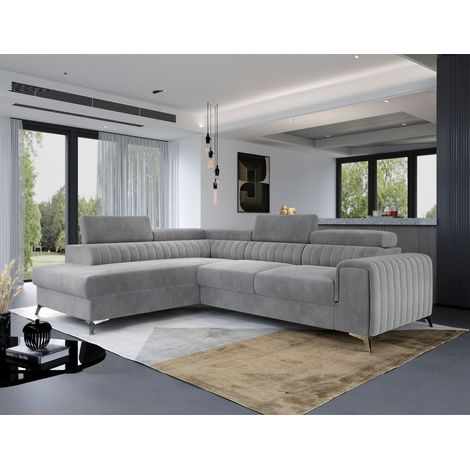 Ecksofa mit Schlaffunktion Sofa ELENI Stoff Monolith Hellgrau Ottomane Links (1/5)