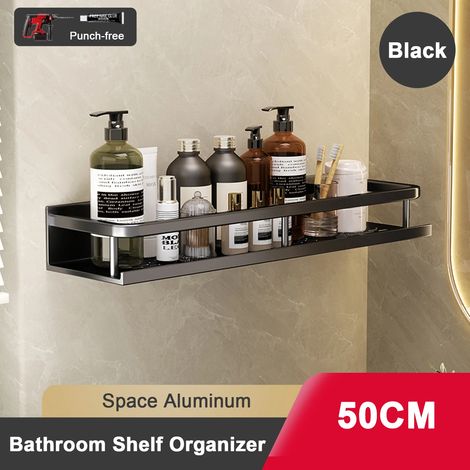 (50 cm Noir) Étagère de salle de bain sans perçage, en aluminium, à suspendre au mur. (1/5)